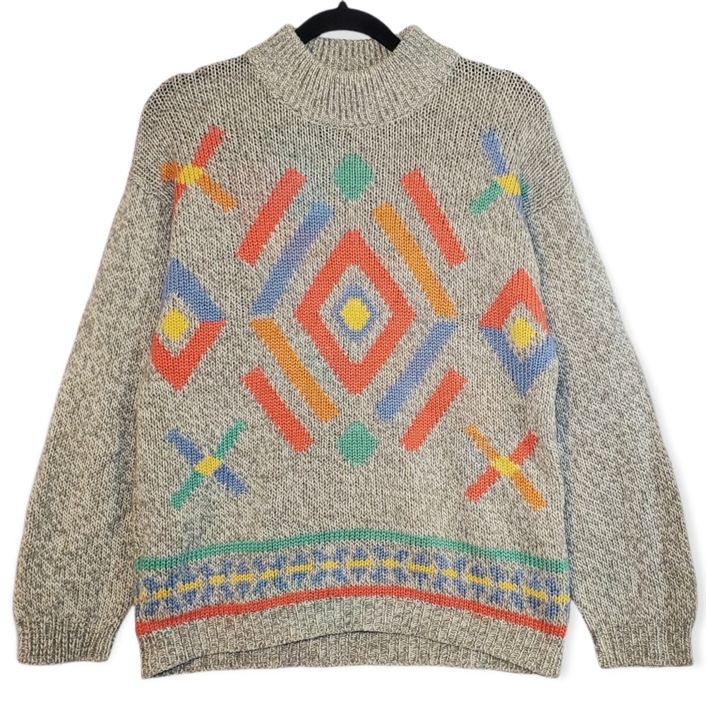 Vintage 80s Tomboy Mock Neck Wool Blend Geometric Sweater Medium